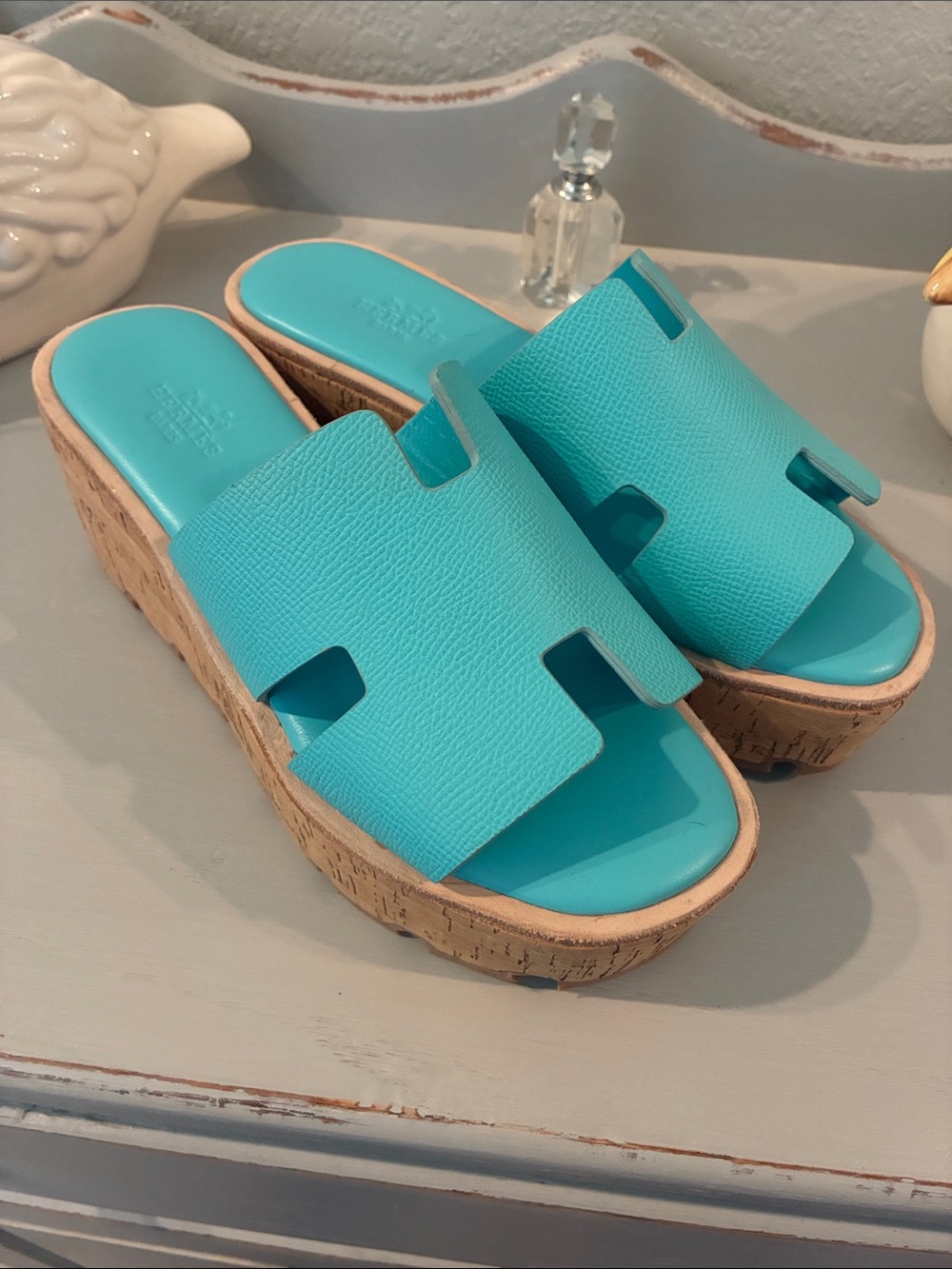 Turquoise Cork Wedge Slides